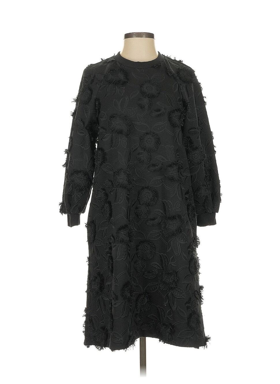 nwt Pearl By Lela Rose Black Floral 3D Long Sleeve Crewneck Dress S